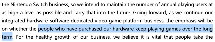 Furukawa quote from https://www.nintendo.co.jp/ir/pdf/2024/240508e.pdf
“people who have purchased our hardware keep playing games over the long term"
