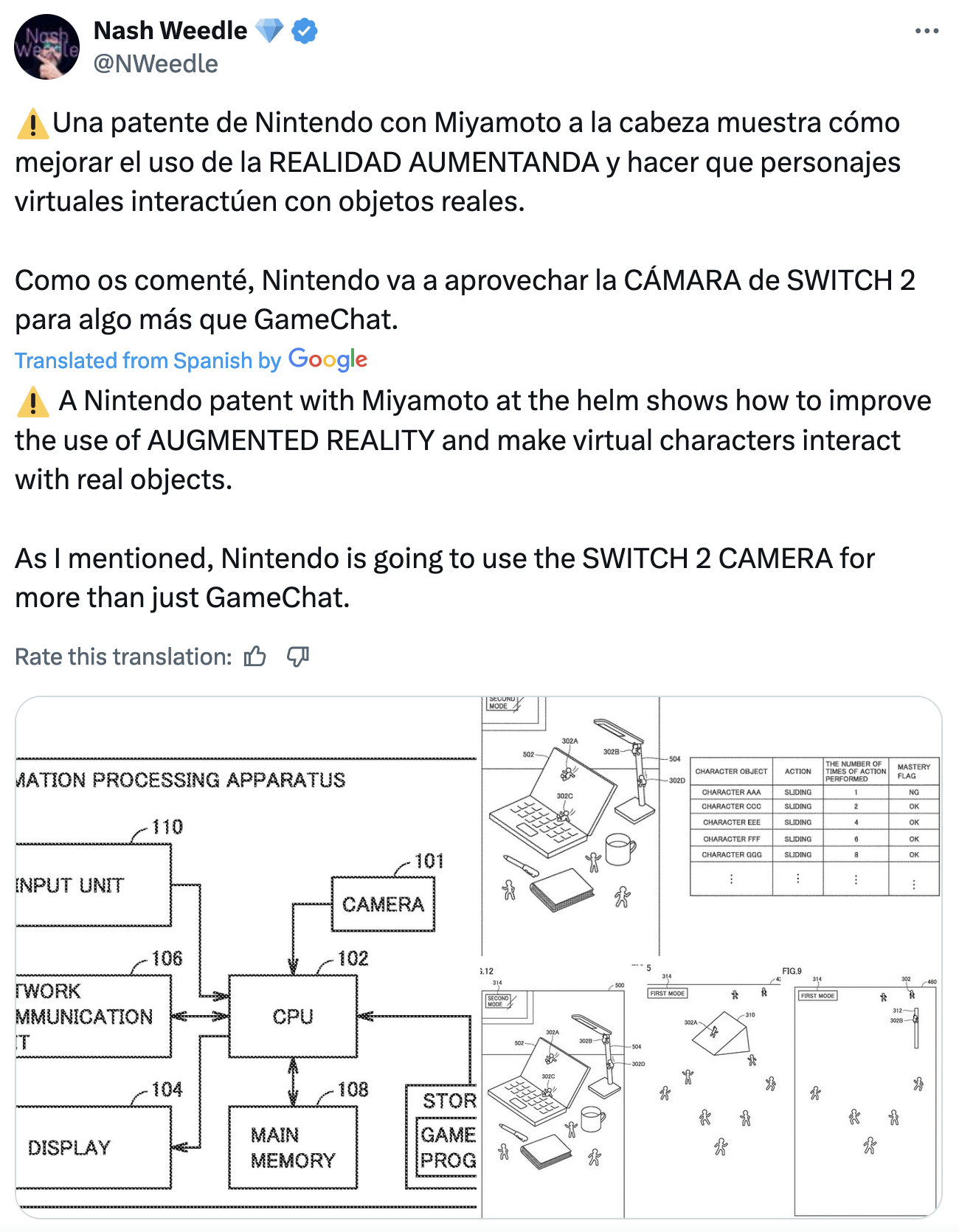 Nash Weedle tweet: ⚠️Una patente de Nintendo con Miyamoto a la cabeza muestra cómo mejorar el uso de la REALIDAD AUMENTANDA y hacer que personajes virtuales interactúen con objetos reales. Como os comenté, Nintendo va a aprovechar la CÁMARA de SWITCH 2 para algo más que GameChat. https://x.com/NWeedle/status/1925715283777348065