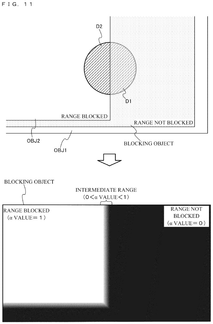 Drawing from patent US460156402:
FIG. 11 is a diagram illustrating a non-limiting example of a blocking object used in a rendering process in which a decal is projected