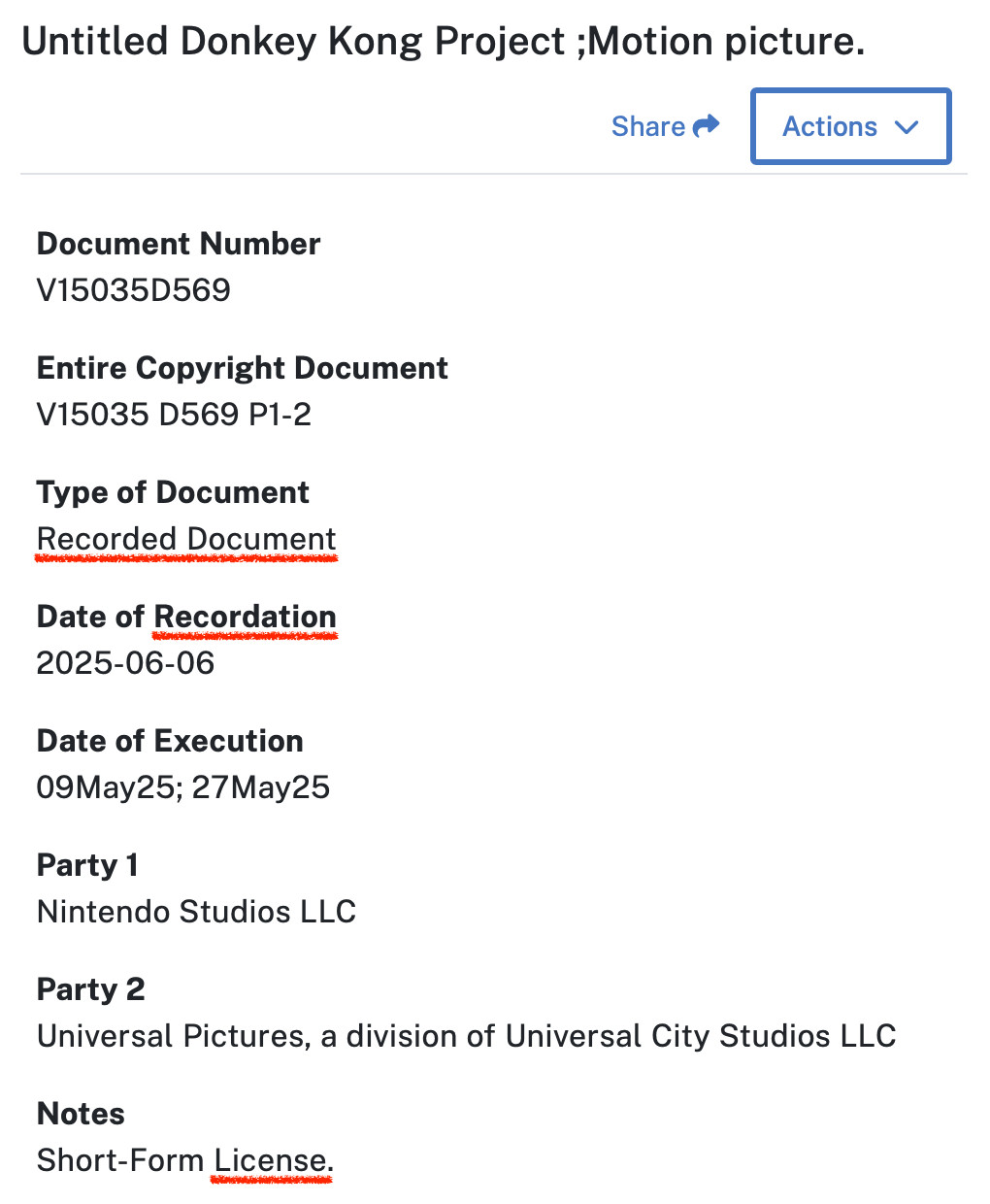 Screenshot of the DK movie copyright recordation