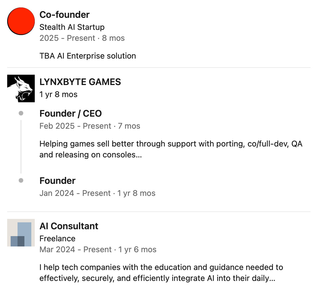Linkedin Profile of the Lynxbyte Games founder/CEO