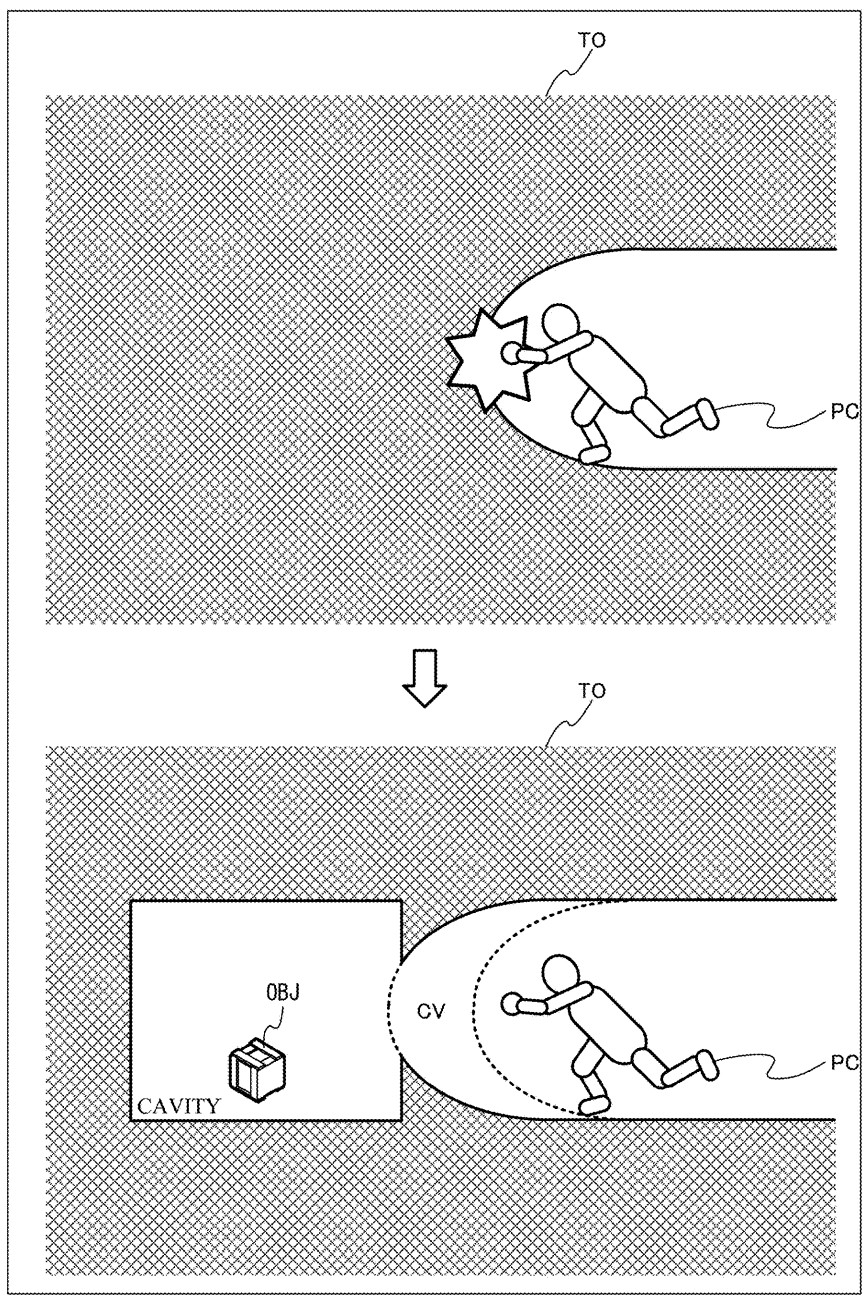 FIG. 21 is a diagram showing a non-limiting
example of a game image indicating a situation in which a
cavity is further formed in a terrain object TO, and a placed
object OBJ is newly placed in the cavity