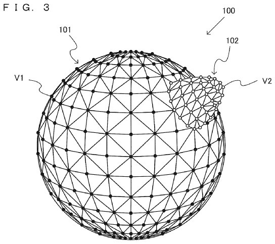 Drawing from patent JP420627595:
FIG. 3 is an example non-limiting diagram showing a three-dimensional model representing a virtual object 100 arranged in a virtual space.