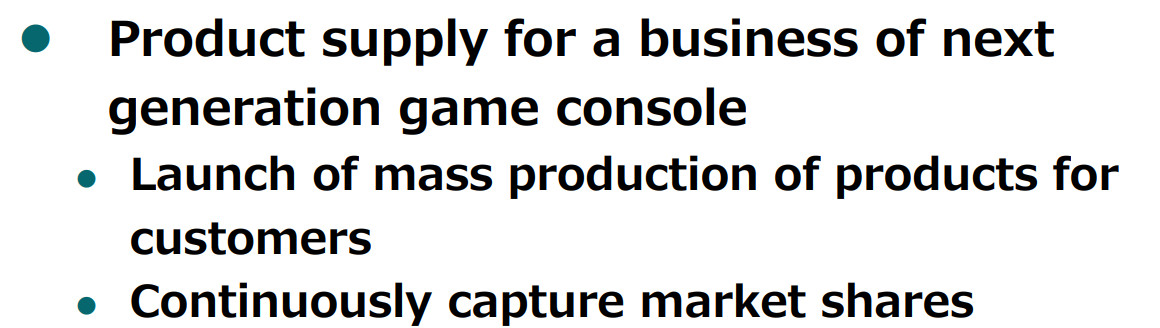 MegaChips
Mid-to-long term plan（Amusement business）excerpt:
Product supply for a business of next generation game console
• Launch of mass production of products for customers
• Continuously capture market shares