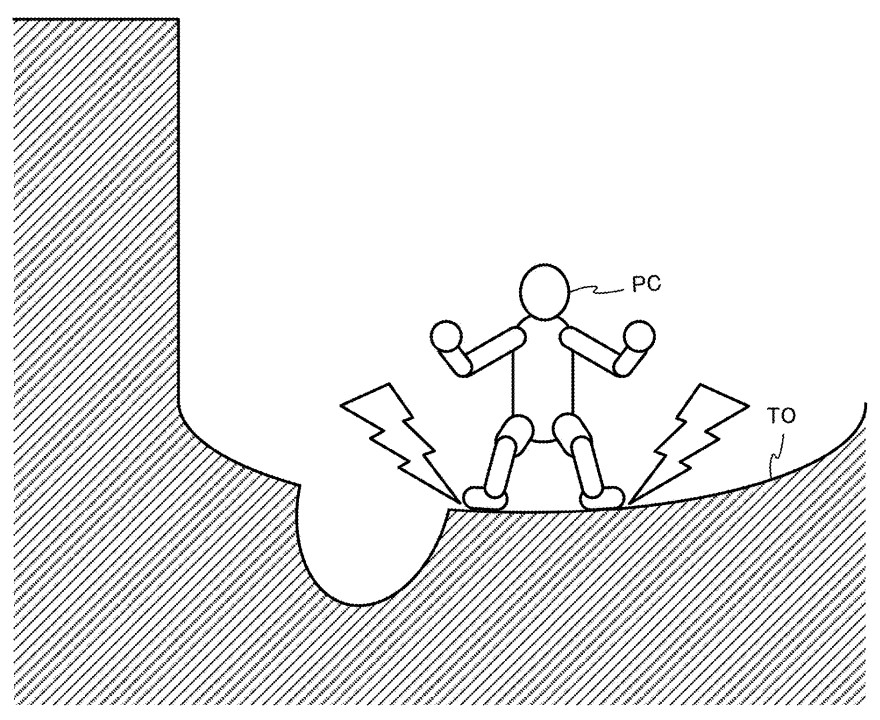 From patent US20250242263:
FIG. 18 is a diagram showing a non-limiting example of a game image displayed on a display 12 in which a player character PC performs an action of flattening a terrain object TO