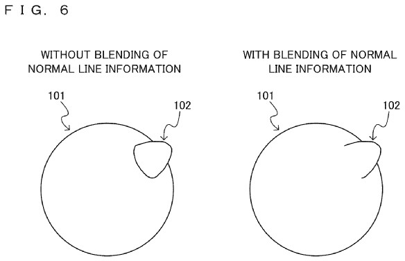 Drawing from patent JP420627595: FIG. 6 is an example non-limiting diagram providing a conceptual representation of an image of the virtual object 100 in a case where the blend processing is not performed and an image of the virtual object 100 in a case where the blend processing is performed.
