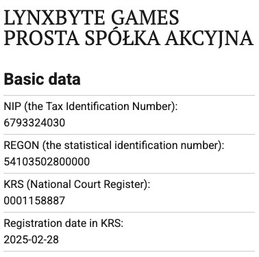 Lynxbyte Games’ business registration in Poland