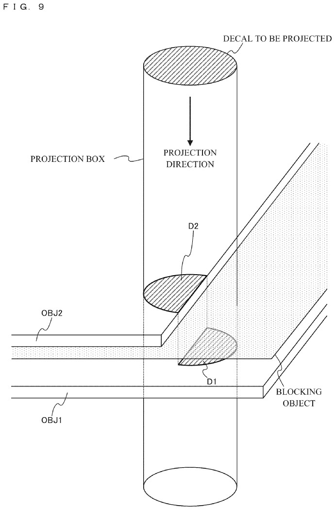Drawing from patent US460156402:
FIG. 9 is a diagram illustrating a non-limiting example of a blocking object used in a rendering process in which a decal is projected