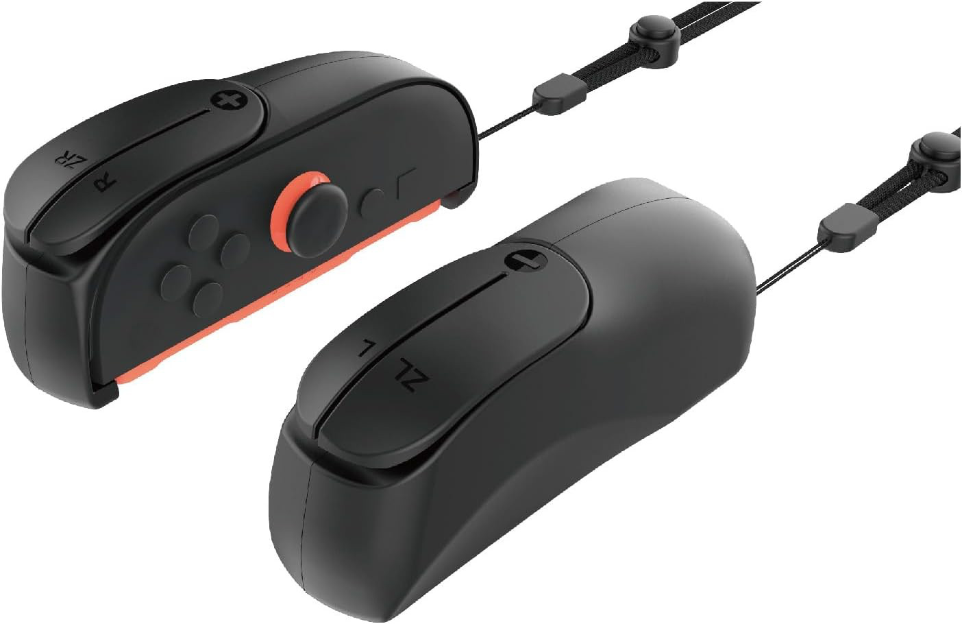 A pair of Joy-Con 2, each in a mouse grip adapter with wrist strap