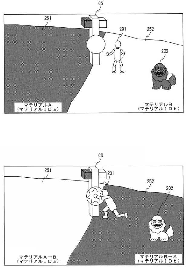 From patent JP2025113148
【図25】地形オブジェクト上に複数のマテリアルの領域、プレイヤキャラクタ201、切替スイッチオブジェクトCS、および配置オブジェクト202が設定されている様子を表すゲーム画像の一例を示す図
【図26】ユーザ操作入力に基づいて、切替スイッチオブジェクトCSを用いたアクションをプレイヤキャラクタ201が行っている様子を表すゲーム画像の一例を示す図