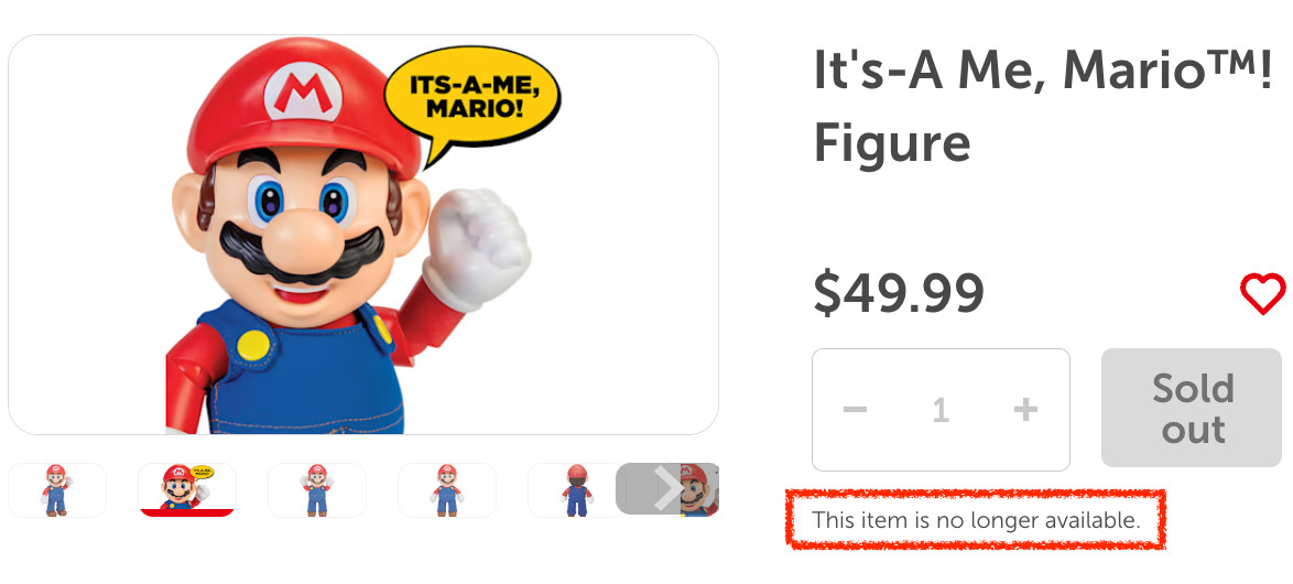Screenshot of Nintendo Store: It's-A Me, Mario! Figure This item is no longer available.