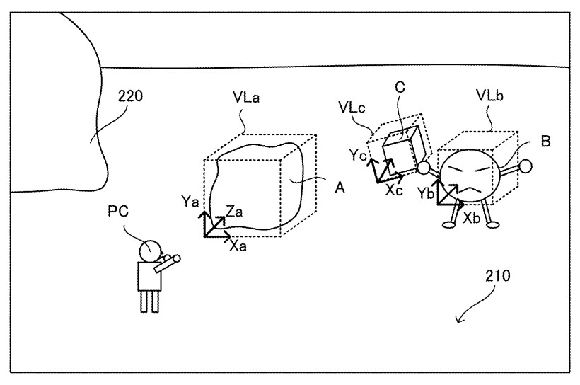 FIG. 17 is an example non-limiting diagram showing an example of a game image of the game space viewed
from a virtual camera, and an image displayed on a display
device