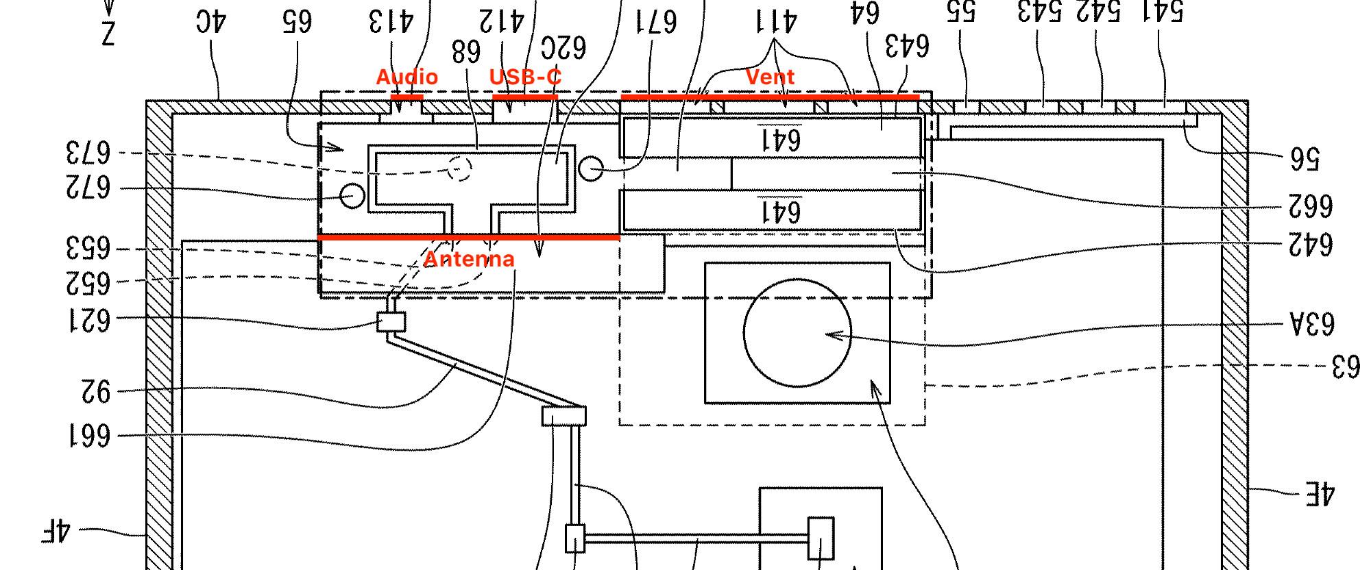 Patent illustration, showing the audio jack, USB-C port, wireless antenna, and heat vent inside the console