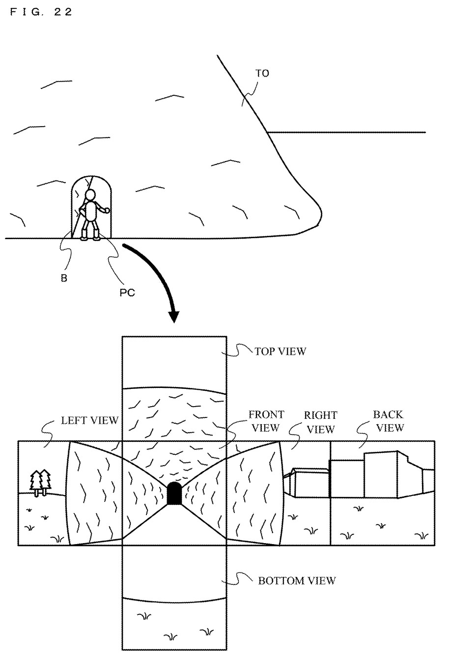 FIG. 22 is a diagram showing a non-limiting
example of six views obtained from a location based on a
player character PC in upward/downward, left/right, and
forward/backward directions