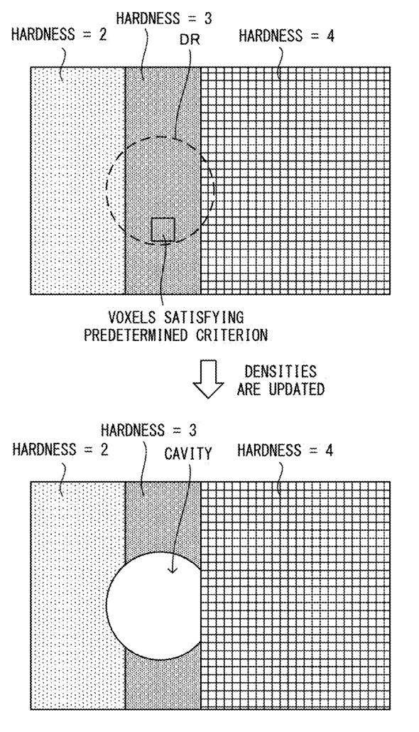 FIG. 22 is an example non-limiting diagram showing an example of, when a voxel satisfying a predetermined criterion regarding a damage value is present in a case where a destruction action is performed on a voxel object composed of a plurality of materials different in hardness, an
update of the density of the voxel