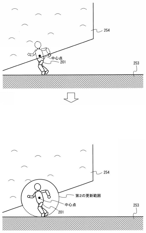 Patent JP 2025113240
【図31】プレイヤキャラクタ201が判定用メッシュの内側に入り込むことを抑制する第2例の処理の一例を示す一連の説明図
【図32】プレイヤキャラクタ201が判定用メッシュの内側に入り込むことを抑制する第2例の処理の一例を示す一連の説明図