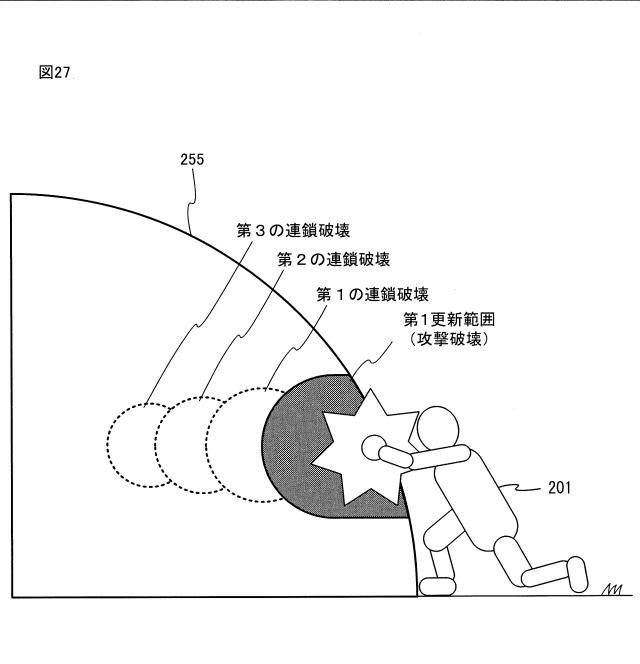 Patent JP2025113136
【図27】図プレイヤキャラクタ201により破壊された地形オブジェクト255の断面の一例を示す図