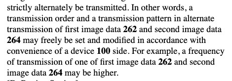 Excerpt from patent US20250301105:
In other words, a transmission order and a transmission pattern in alternate transmission of first image data 262 and second image data 264 may freely be set and modified in accordance with convenience of a device 100 side. For example, a frequency of transmission of one of first image data 262 and second image data 264 may be higher.