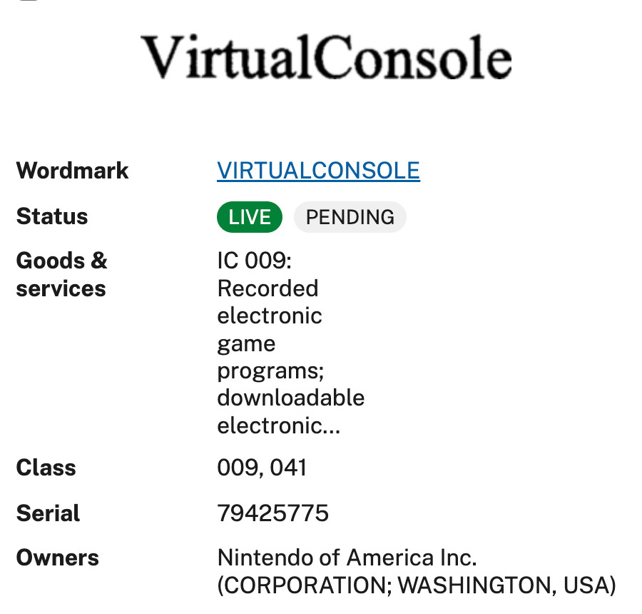 Screenshot of USPTO website, showing a pending trademark application for VirtualConsole