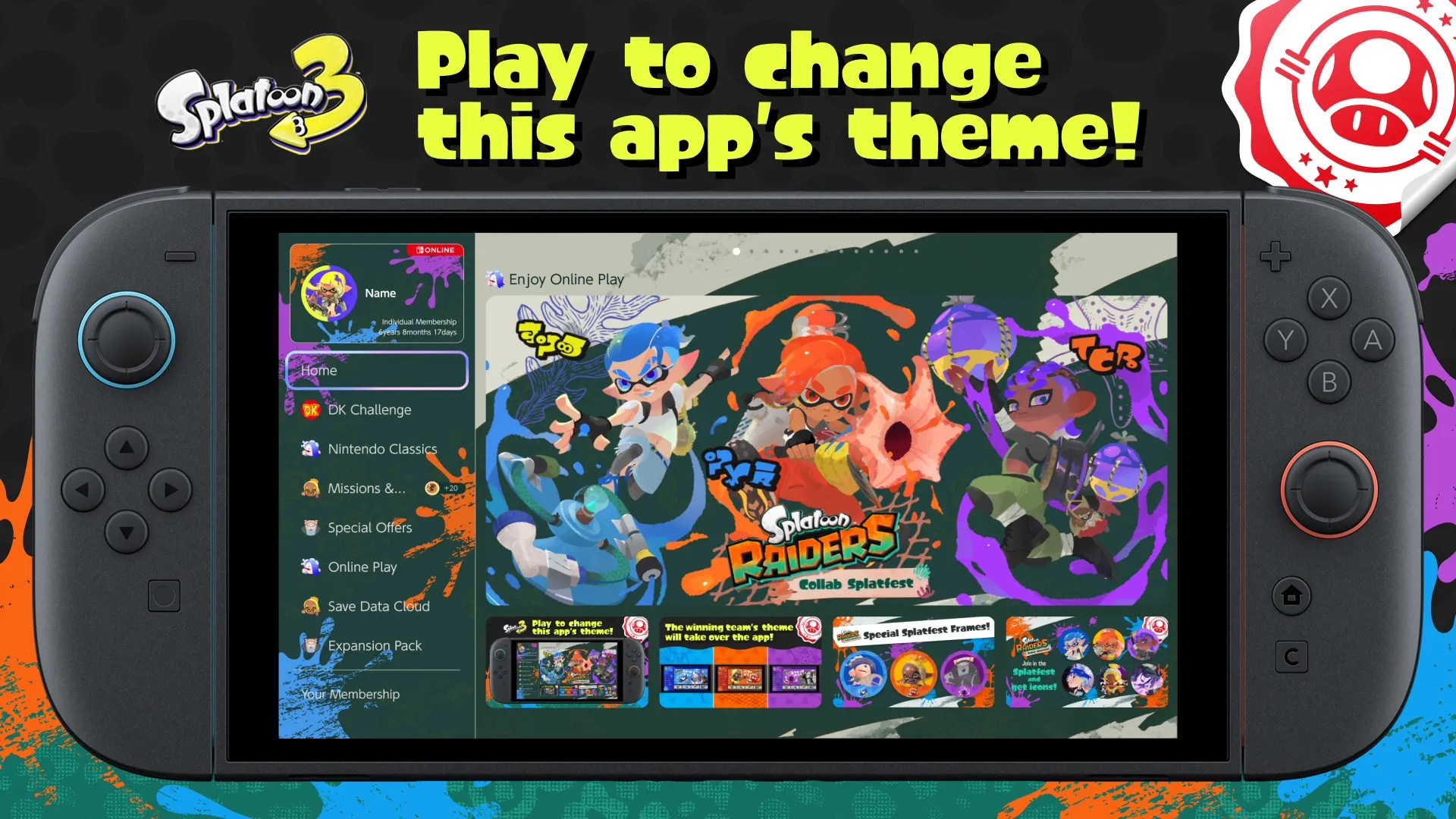 Screenshot of the NSO app, taken on a Switch 2: Splatoon 3 Play the change this app’s theme!