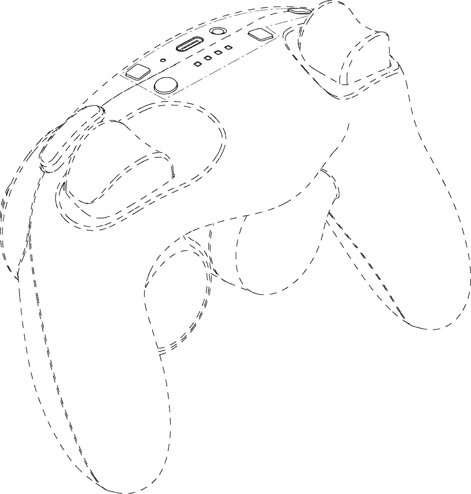 Drawing from design registration JP1809999 Perspective view of controller, drawn using dotted lines; newly added components for Switch 2 are drawn using solid lines