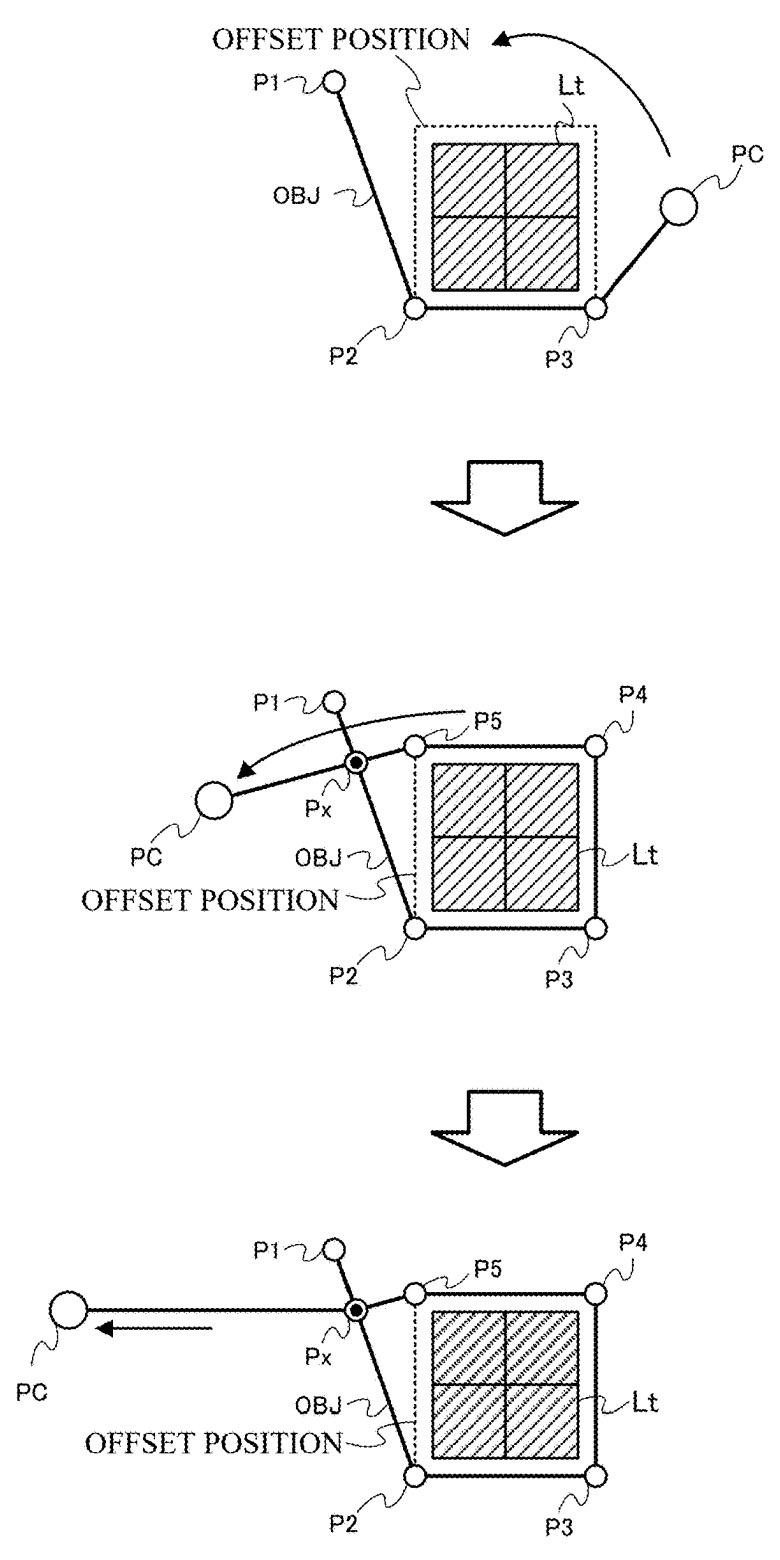 Drawing from patent US20250312694:
FIG. 14 is a diagram illustrating a non-limiting example of a more detailed change of a shape of a selection tool object OBJ when the selection tool object OBJ surrounds terrain objects Lt