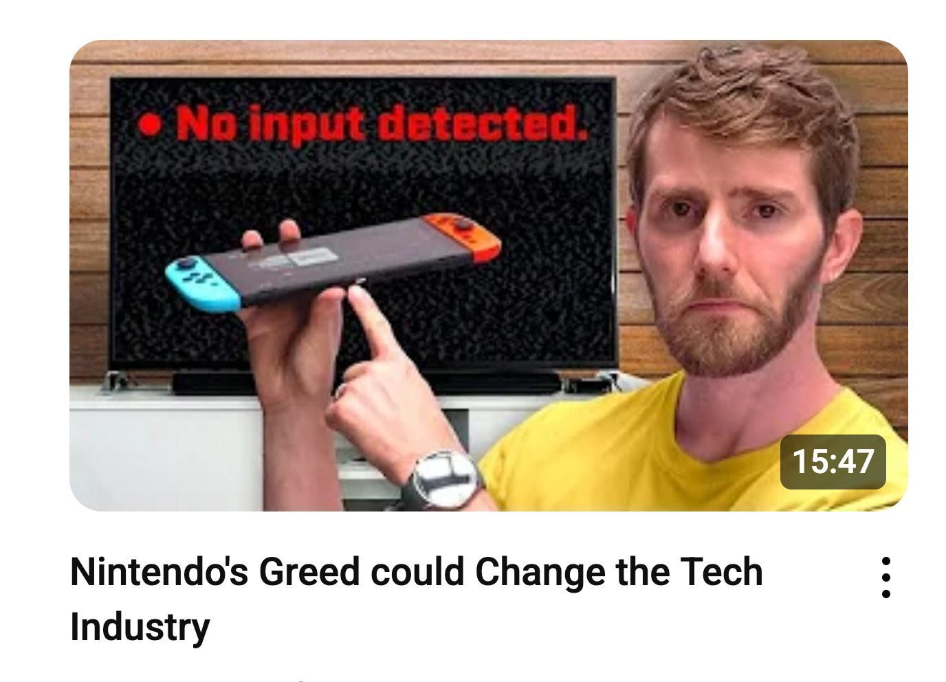 Fake-pensive-Linus-pointing-at-things YouTube thumbnail:
"Nintendo's Greed could Change the Tech Industry"