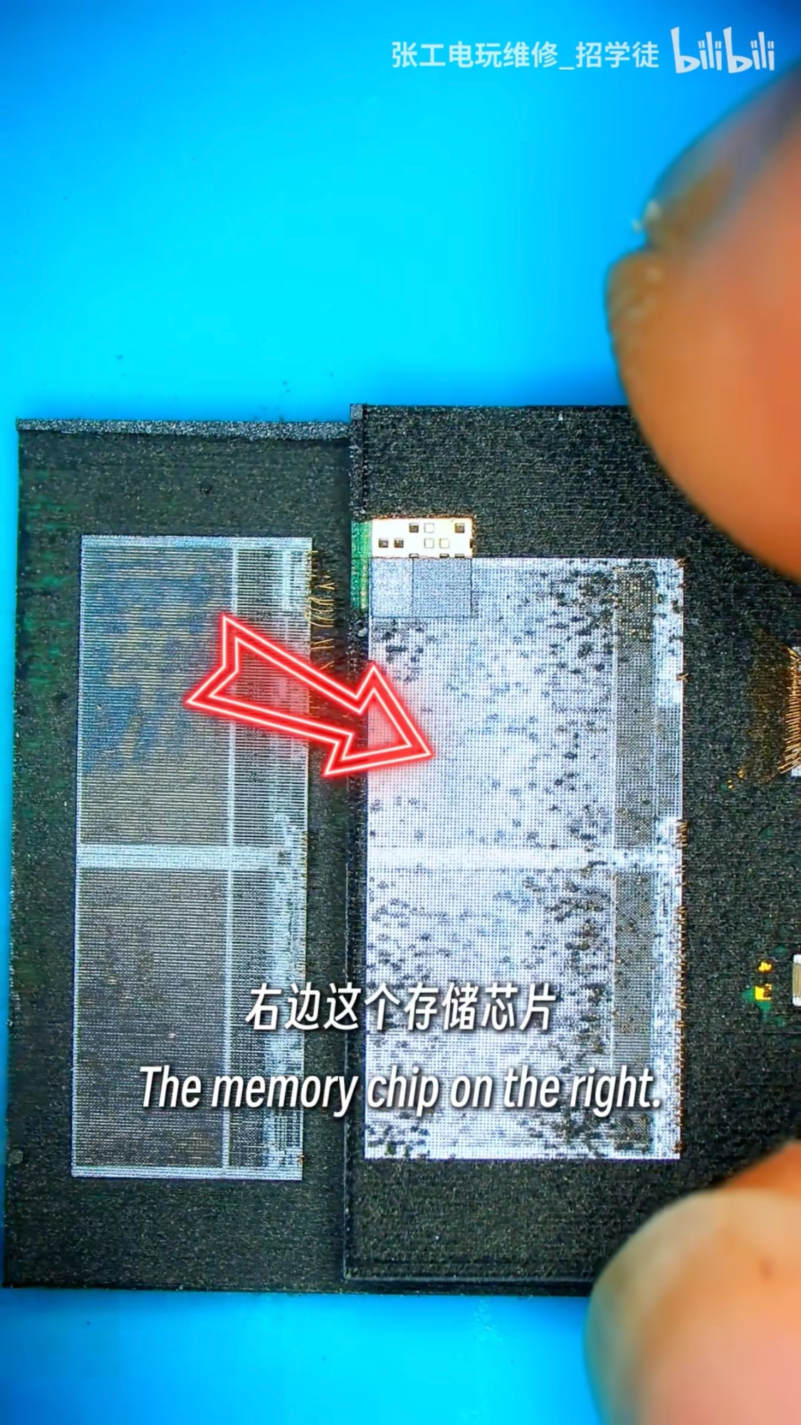 Photo of decapsulated Game Card 1 IC on the left, and Game Card 2 IC on the right, showing that the memory area is larger in GC2