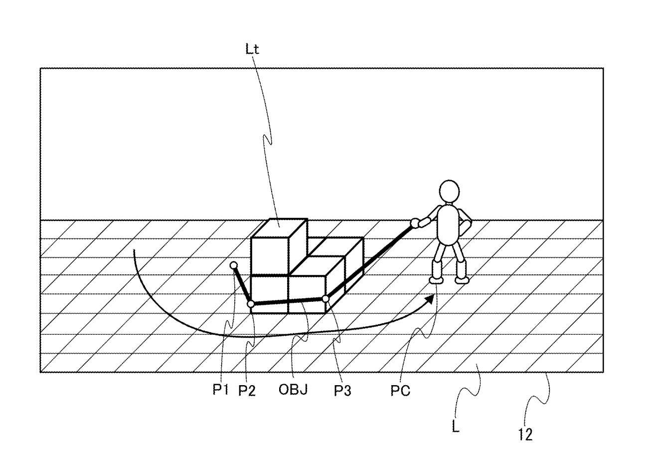 Drawing from patent US20250312694:
FIG. 10 is a diagram illustrating a non-limiting example of a second stage of a player character PC's action of surrounding terrain objects Lt using a selection tool object OBJ so as to subject the terrain objects Lt to a predetermined process