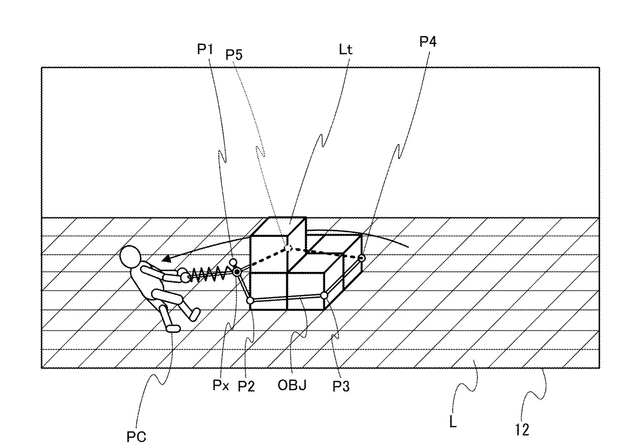 Drawing from patent US20250312694:
FIG. 11 is a diagram illustrating a non-limiting example of a third stage of a player character PC's action of surrounding terrain objects Lt using a selection tool object OBJ so as to subject the terrain objects Lt to a predetermined process