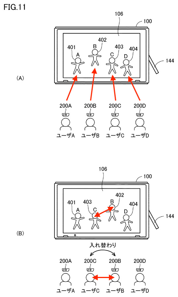 Drawing from patent WO2023157241: [図11] 本実施の形態に従うシステムのゲーム装置が立脚モードにおいて出力する画面例を示す模式図である。