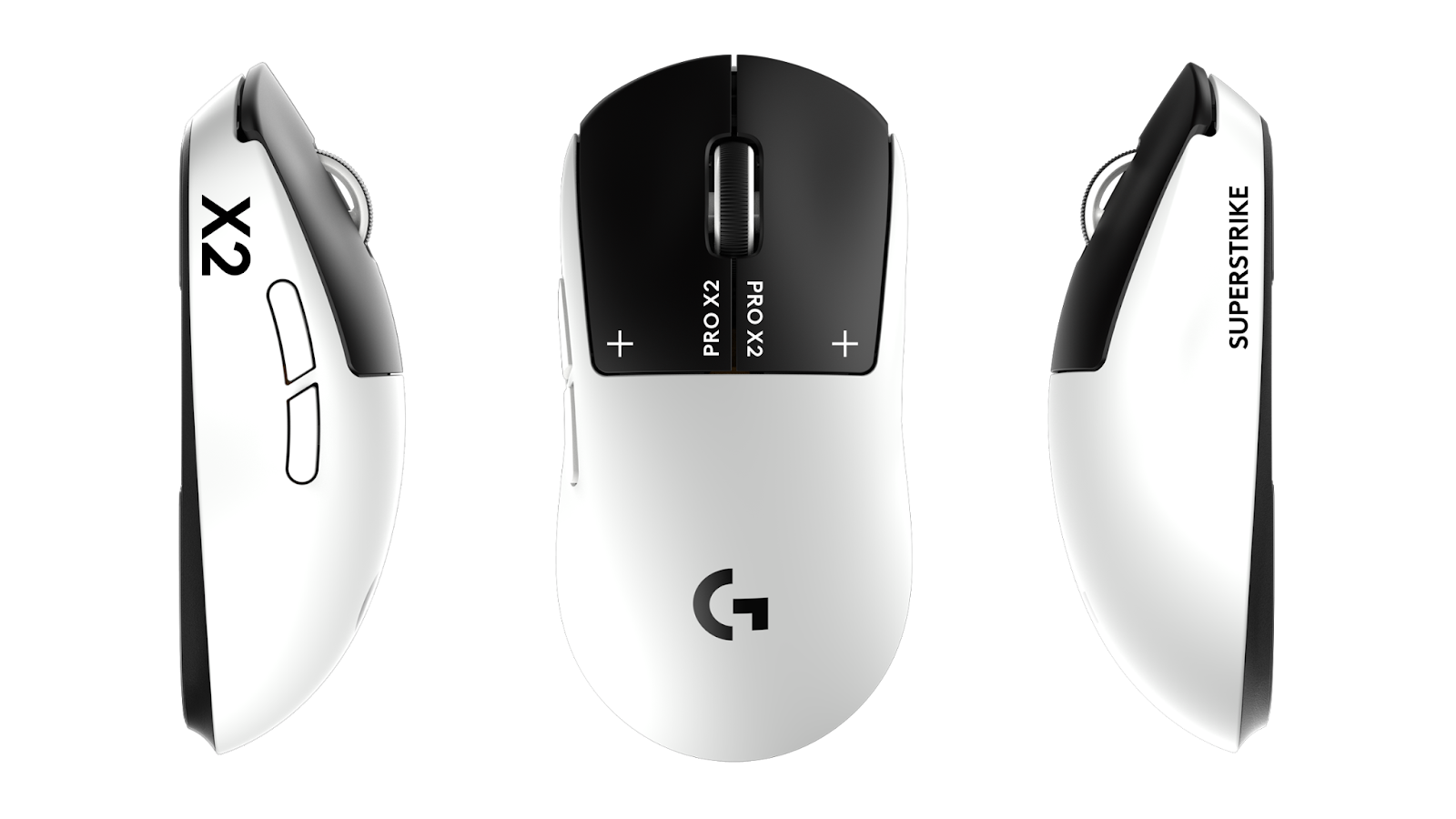 Official photo of Logitech Pro X2 Mouse, including the top view, left side view, and right side view