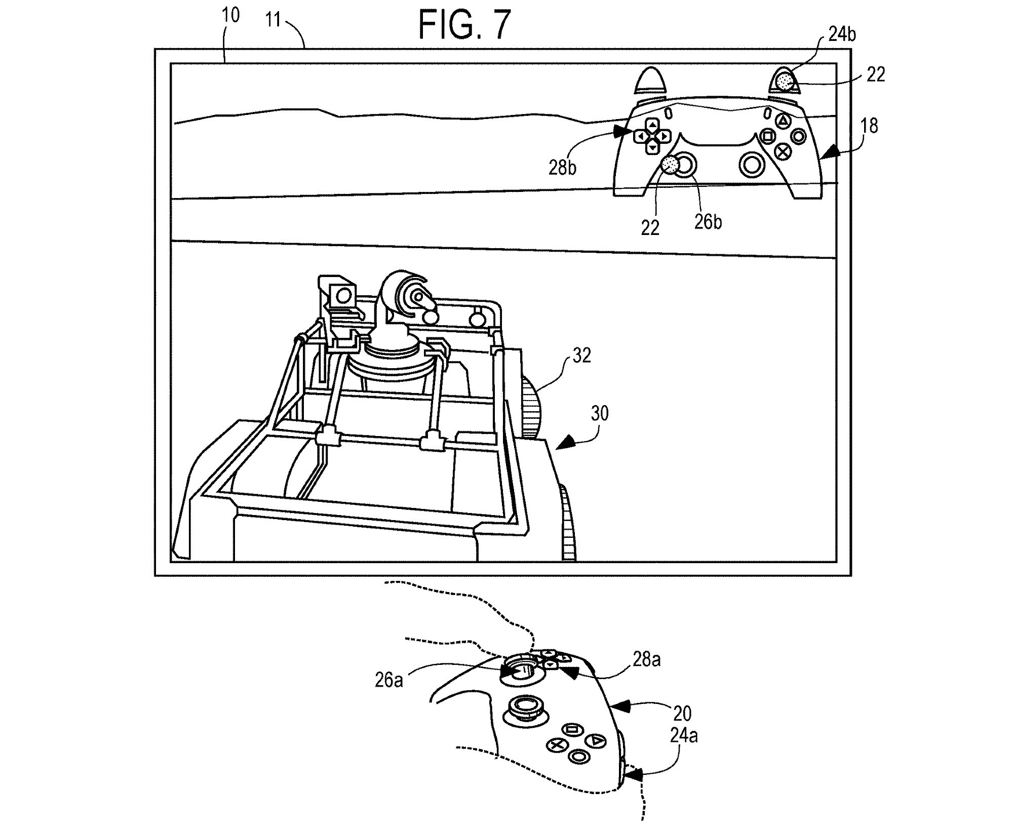 Drawing from patent WO2025166021:
FIG.7 depicts a display screen view diagram showing a hand-held controller and a virtual controller shown as an overlay in a user interface in accordance with some embodiments
