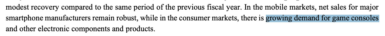 Alps Alpine Consolidated Financial Results for the Six Months Ended September 30, 2025
[Excerpt] In the mobile markets, net sales for major smartphone manufacturers remain robust, while in the consumer markets, there is growing demand for game consoles and other electronic components and products.