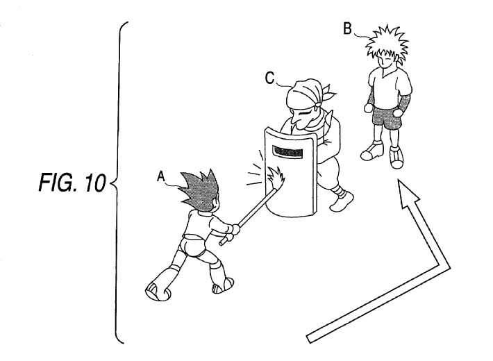Drawing from patent US39884678:
FIG. 10 is an illustration of a video game screen for describing a battle between the main character A, the sub-characters B, and an opponent character which completely blocks attack in one direction