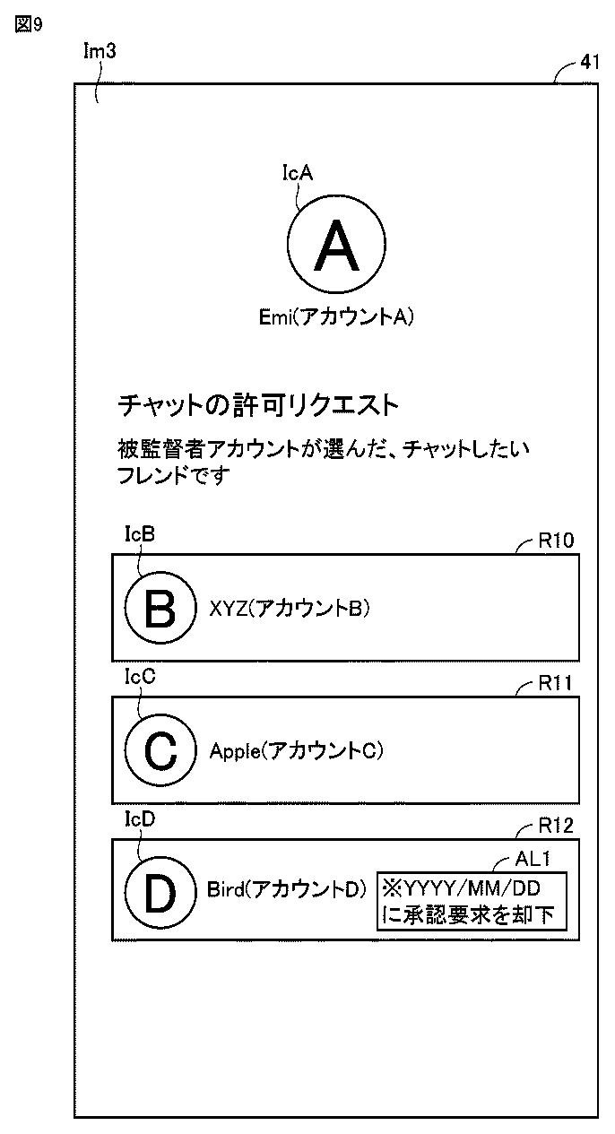 Drawing from patent JP2025168177:
【図9】チャット許可フレンドの許可リクエストの一覧を示す画面の一例である。