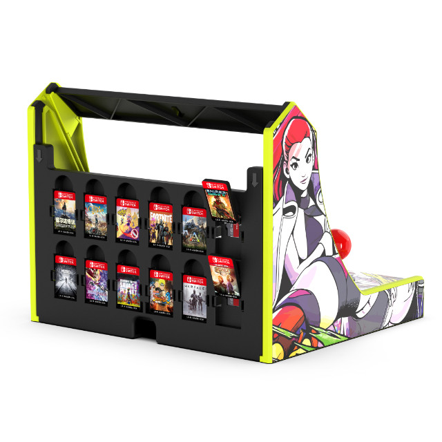 Backside of the arcade dock/stick; there are 12 slots for Game Cards and microSD Cards