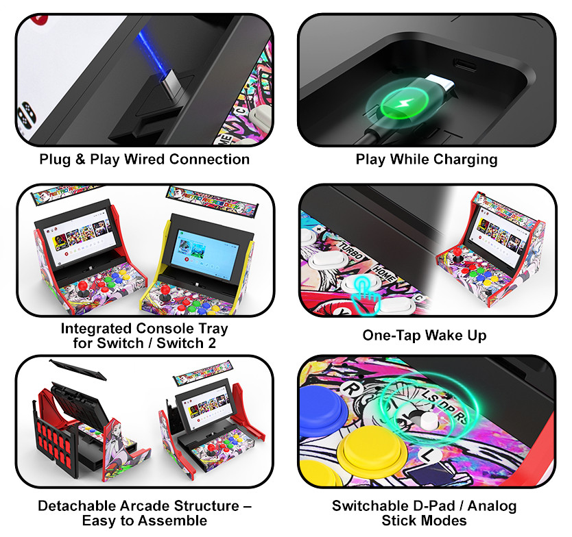 Features of the arcade dock/stick:
Plug & Play Wired Connection
Play While Charging
Integrated Console Tray for Switch / Switch 2
One-Tap Wake Up
Detachable Arcade Structure - Easy to Assemble
Switchable D-Pad / Analog Stick Modes