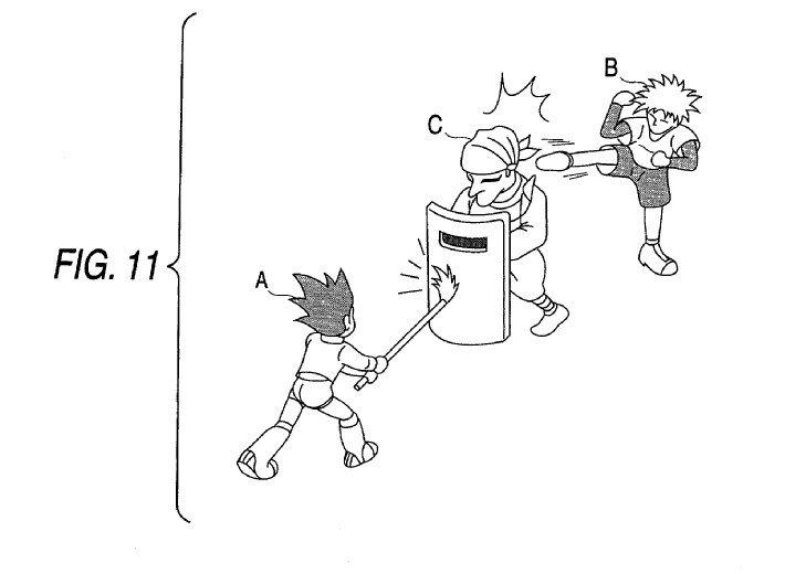 Drawing from patent US39884678:
FIG. 11 is an illustration of a video game screen for describing a battle between the main character A, the sub-characters B, and an opponent character which completely blocks attack in one direction