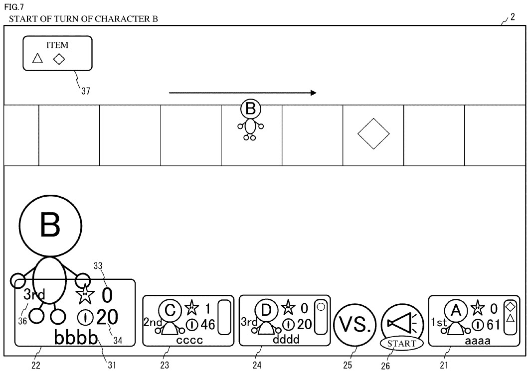 Drawing from patent US465984540:
FIG. 7 illustrates a non-limiting example of the game screen
