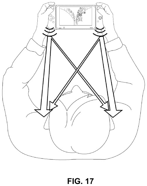 Drawing from patent US20250350898:
FIG. 17 shows example cross-talk paths to a listener's respective ears from internal left and right loudspeakers of a handheld stereophonic (multi-channel) video game playing device.