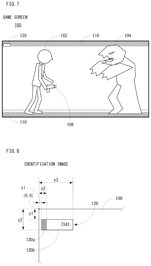 Drawings from US20250061044:
FIG. 7 is a view showing a non-limiting example game screen including an identification image.
FIG. 8 is a view showing a non-limiting example identification image included in a game screen.