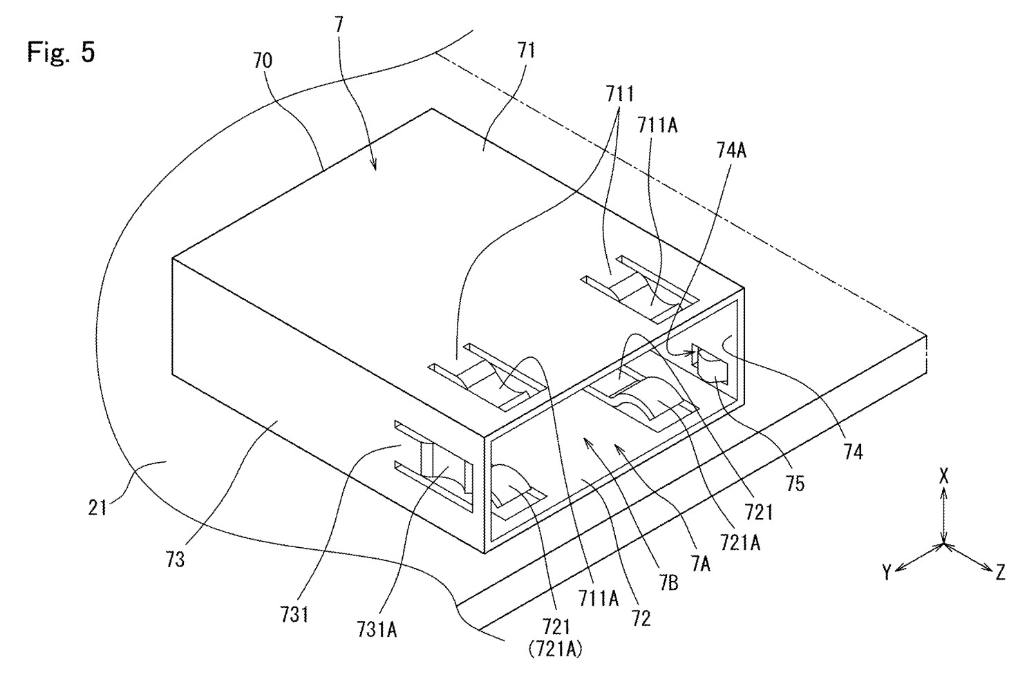 Drawing from patent US 20250381486:
FIG. 5 is a perspective view schematically illustrating a part of a casing and a housing