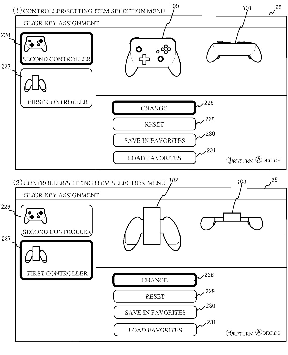 Drawing from patent US20260000971:
FIG. 7 illustrates a non-limiting example of a controller/setting item selection menu in a GL/GR key assignment sequence