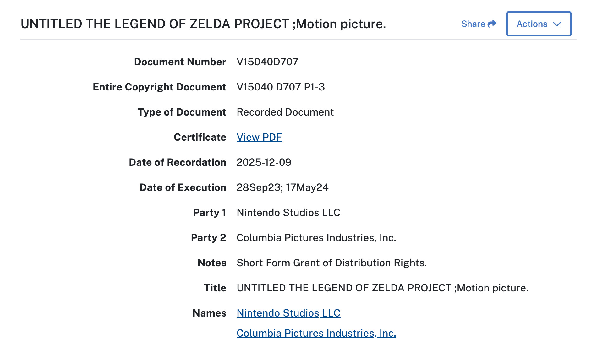 UNTITLED THE LEGEND OF ZELDA PROJECT ;Motion picture.
Document Number
V15040D707
Entire Copyright Document
V15040 D707 P1-3
Type of Document
Recorded Document
Certificate
View PDF
Date of Recordation
2025-12-09
Date of Execution
28Sep23; 17May24
Party 1
Nintendo Studios LLC
Party 2
Columbia Pictures Industries, Inc.
Notes
Short Form Grant of Distribution Rights.
Title
UNTITLED THE LEGEND OF ZELDA PROJECT ;Motion picture.
Names
Nintendo Studios LLC
Columbia Pictures Industries, Inc.