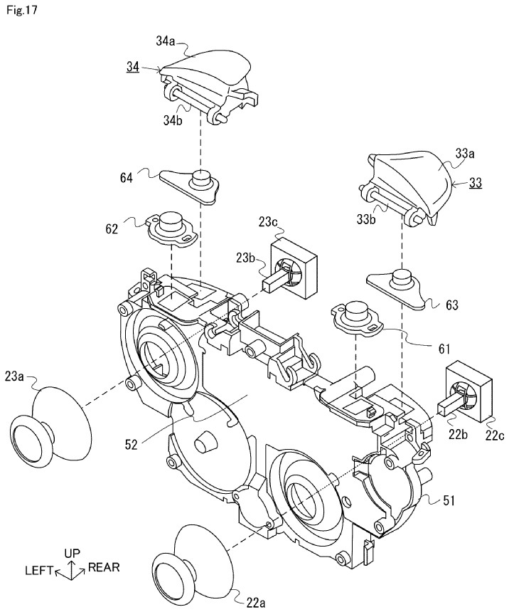 Drawing from patent US20260021384:
FIG. 17 is an exploded perspective view showing an example of how analog sticks and components related to buttons on the upper surface are attached to the first frame