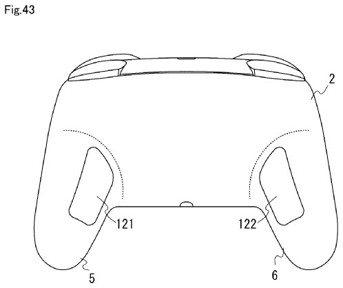 Drawing from patent US 20260021386:
FIG. 43 is a view showing an example of the non-limiting game controller according to a variation of the embodiment described above, with two back rocker switches