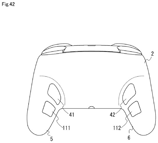 Drawing from patent US20260021386:
FIG. 42 is a view showing an example of the non-limiting game controller according to a variation of the embodiment described above, with four back buttons