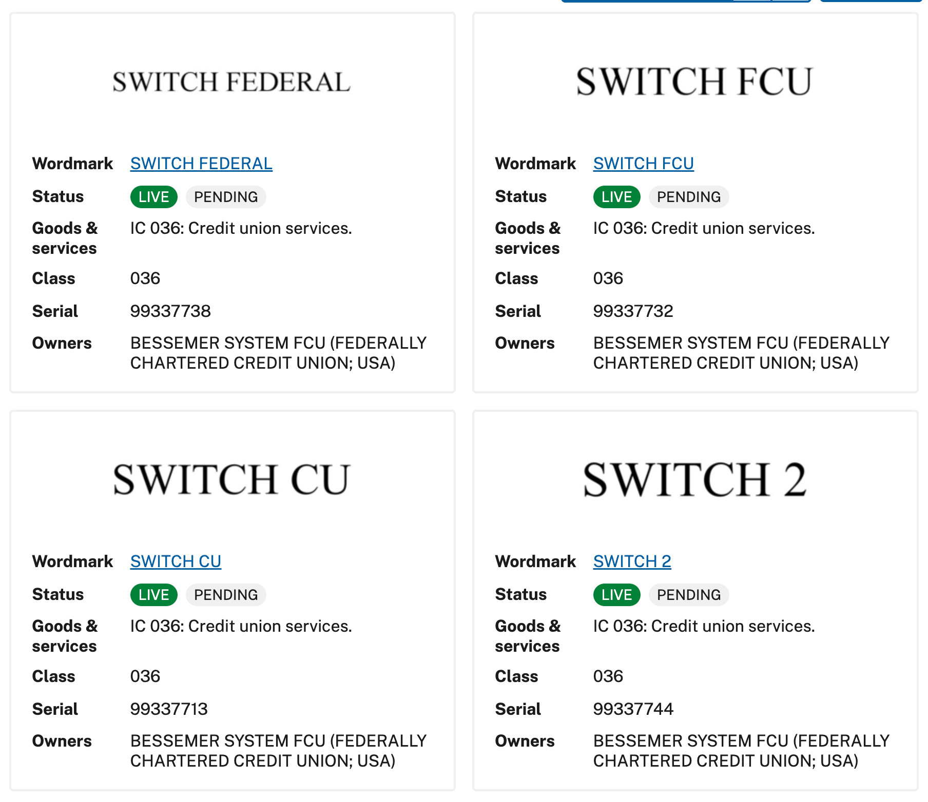 USPTO screenshot, showing four trademark applications for SWITCH FEDERAL, SWITCH FCU, SWITCH CU, and SWITCH 2