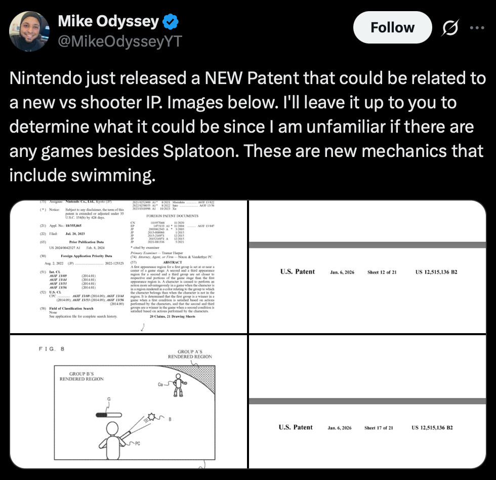 Screenshot of Mike Odyssey tweet:
Nintendo just released a NEW Patent that could be related to a new vs shooter IP. Images below. I'll leave it up to you to determine what it could be since I am unfamiliar if there are any games besides Splatoon. These are new mechanics that include swimming.